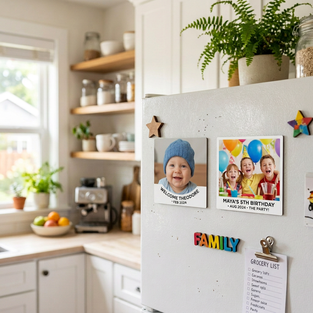 Baby and kids square magnets on fridge