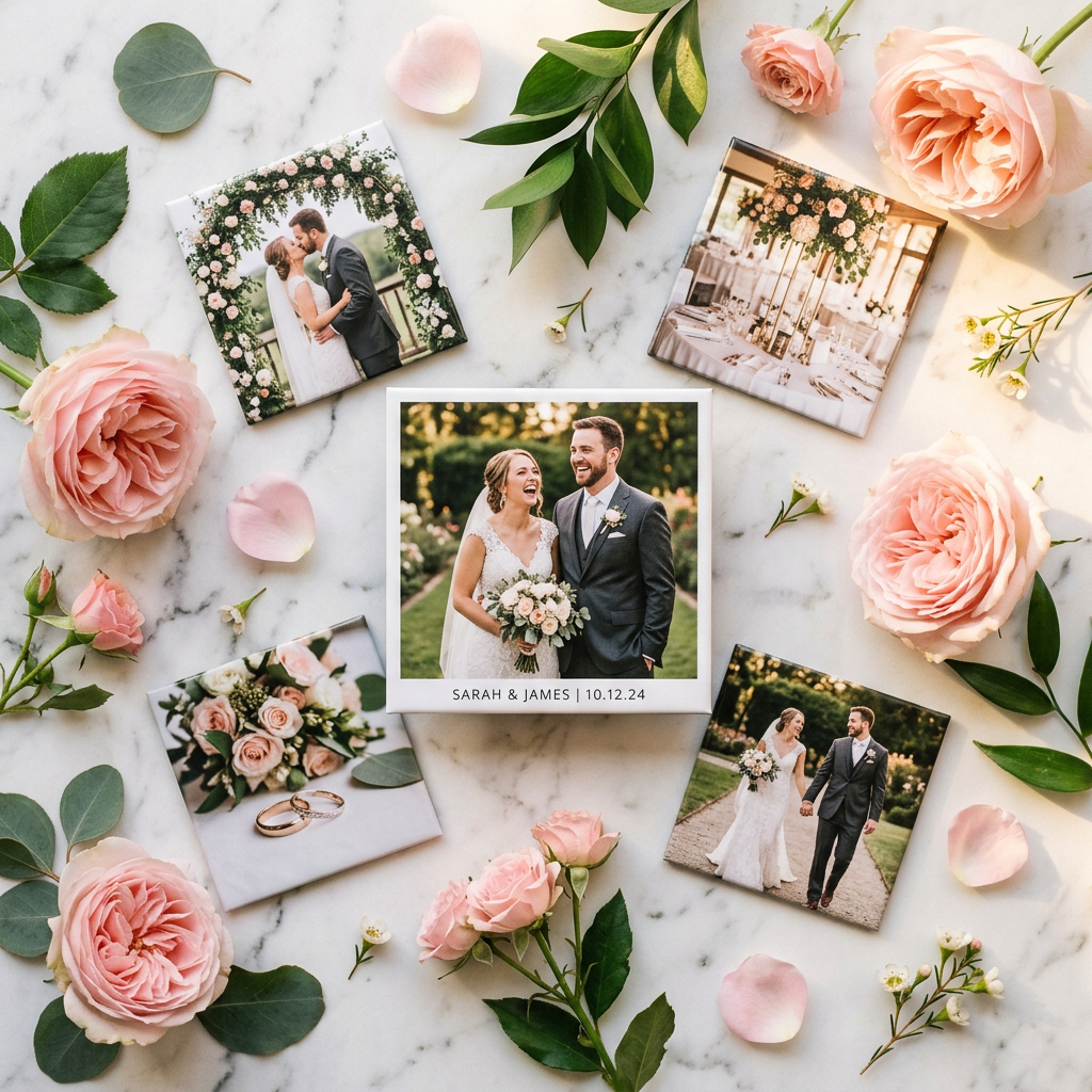Wedding couple square magnet with roses