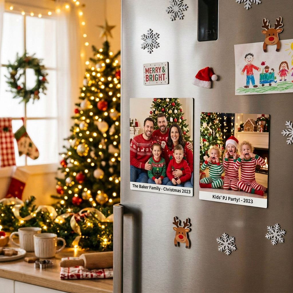 Christmas family square magnets on fridge