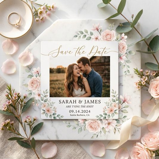 Save the Date square magnet on marble