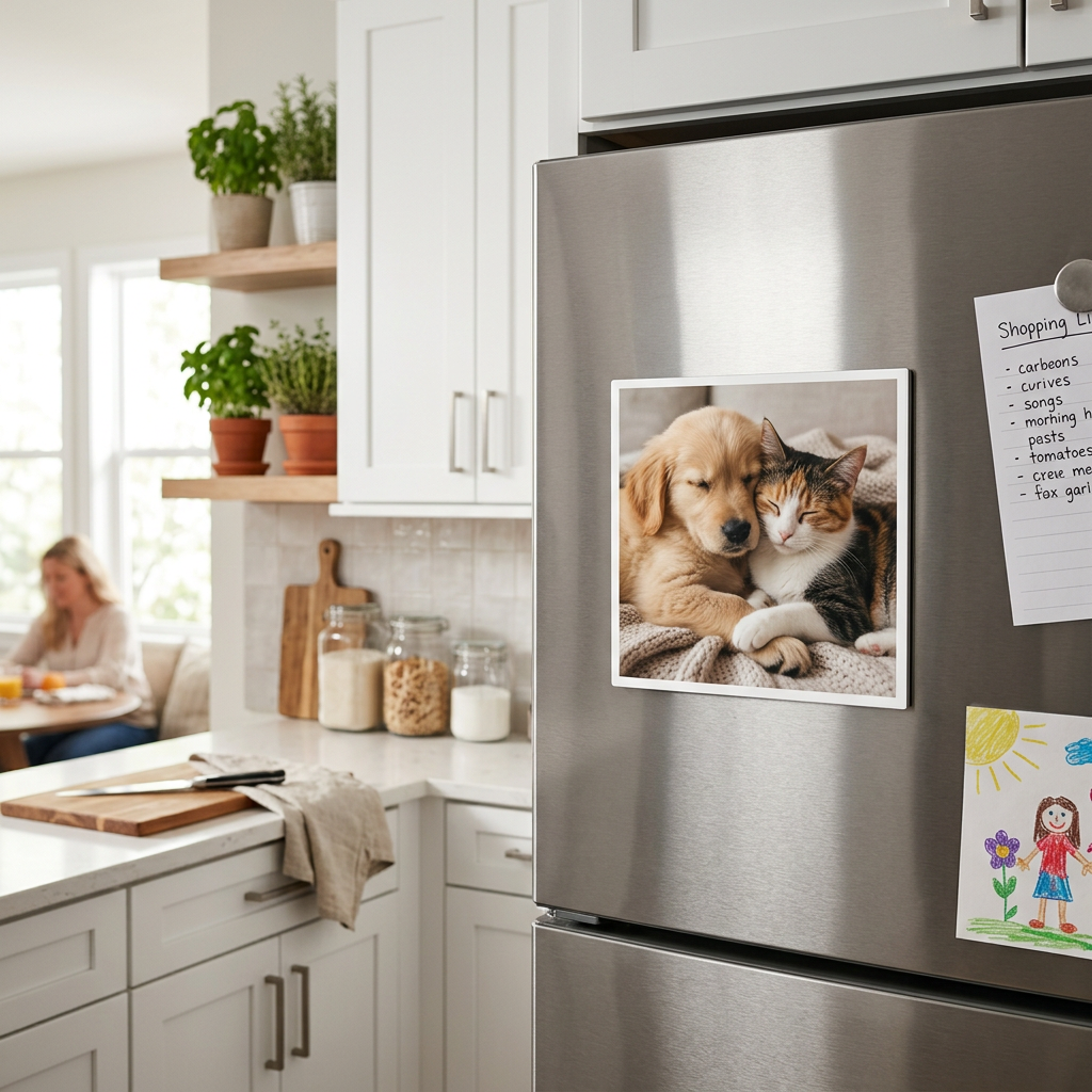 Pet square magnet on fridge